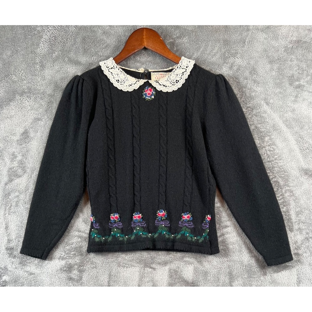 Susan Bristol Vintage Sweater Womens Small Black Hand Embroidered Floral Twee